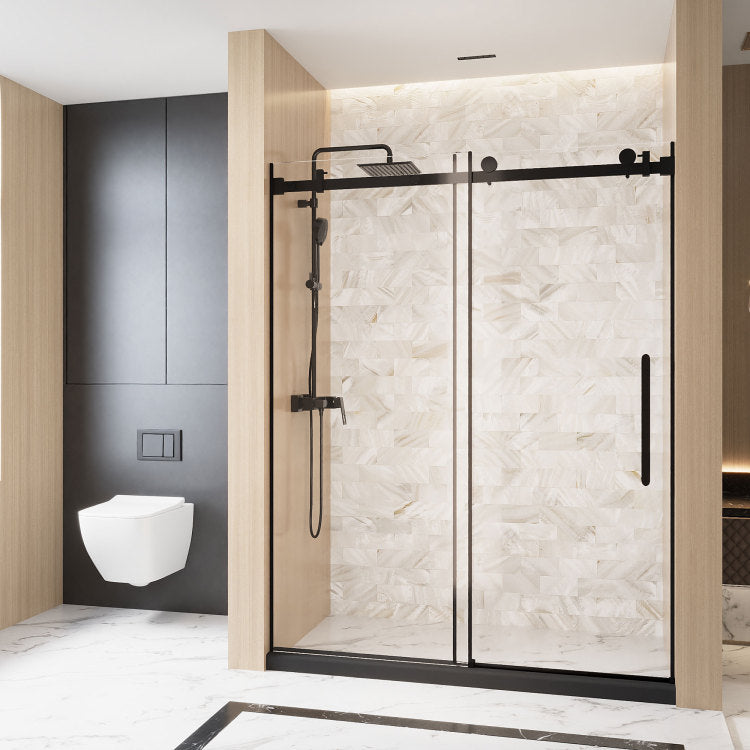 Frameless Single Sliding Shower Door 56 60 "W X 76" H, 1 4 " 6 Mm Clear Tempered Glass, Explosion Proof Film, Stainless Steel Handle Square Tube Track ,Matte Black