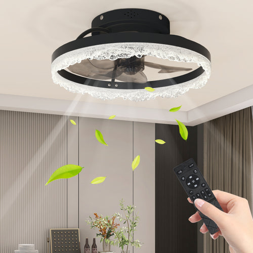 16" Decorative Led Light Modern Flush Mount With Crystal Inspired Acrylic Ring, Hidden Blades, Remote Control, And Dimmable Light For Stylish Homes Black