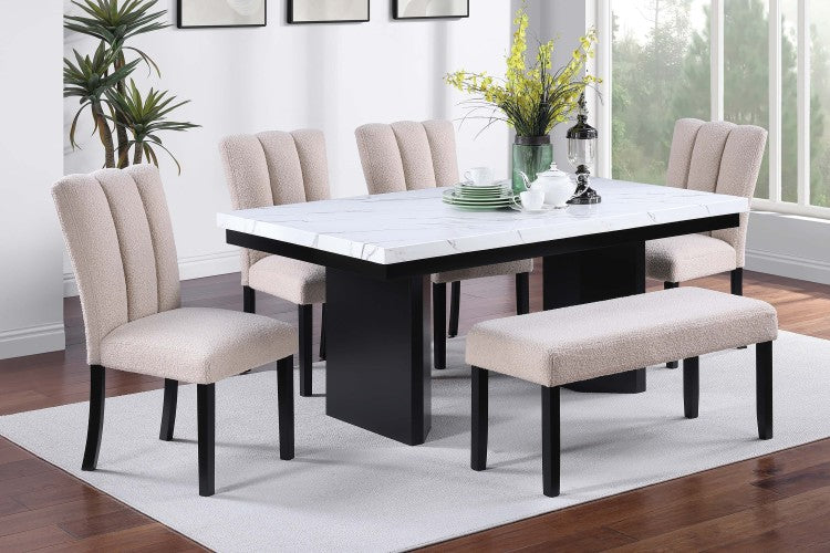 1Pc Dining Bench Only Upholstered Soft Fabric Seat Neutral Tone Bench Black Wooden Tapered Legs Dining Room
