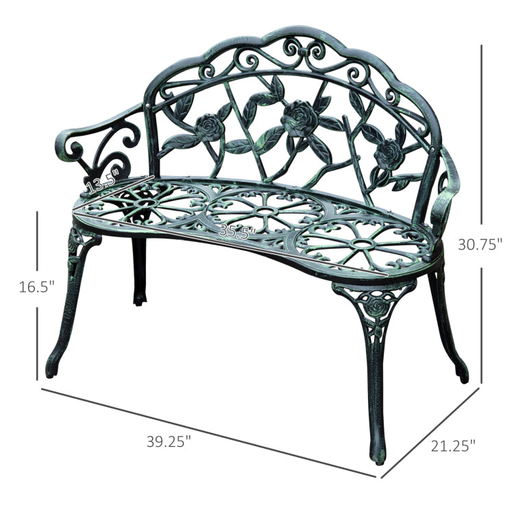 Outsunny Outdoor Bench, Cast Aluminum Outdoor Furniture, Metal Bench With Floral Rose Accent & Antique Finish, Green