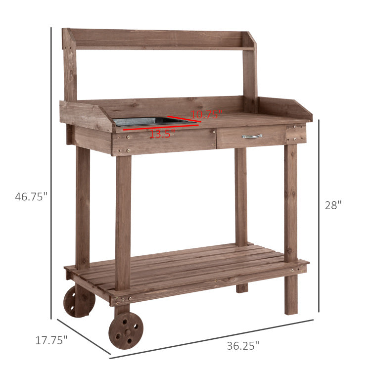 Outsunny 36'' Wooden Potting Bench Work Table With 2 Removable Wheels, Sink, Drawer & Large Storage Spaces, Brown