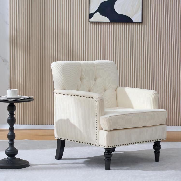 Tufted Club Chair, Accent Chair, Upholstered Button Armchair, Linen Fabric Corduroy Sofa Chairs For Bedroom, Living Room, Mid Century Modern With Studded Reading Chair Beige