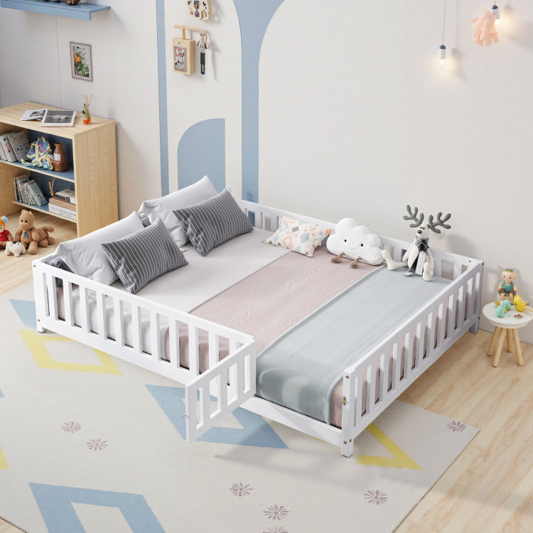 Full Size Floor Platform Bed With Fence And Door For Kids, Montessori Floor Bed Frame With Support Slats For Toddlers, Wooden Floor Bed White