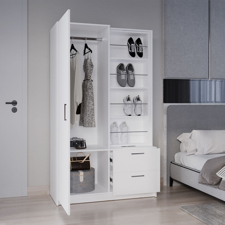 Seville 71" High Mirror Armoire, One Door Cabinet, Two Drawers , Hanging Rod, Rotating Mirror And Shoe Rack, Two Shelves White