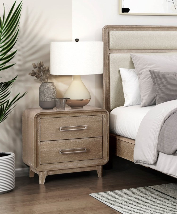 Modern Elegant Design Nightstand Of 2X Storage Drawers Curved Corners Natural Finish Wooden Bedroom Furniture 1Pc