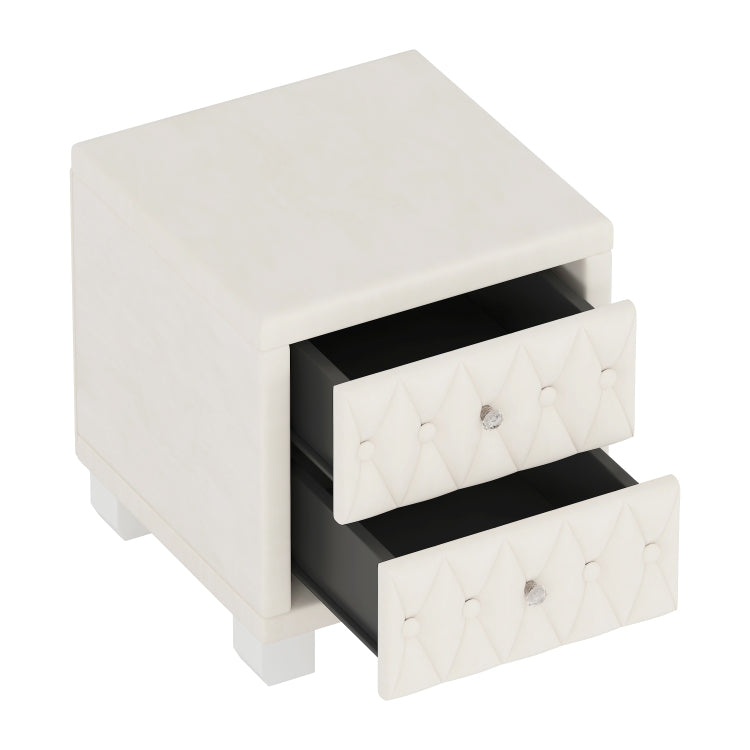 Elegant Velvet Nightstand With 2 Drawers And Crystal Handle, Storage Bedside Table With Button Tufted, Beige