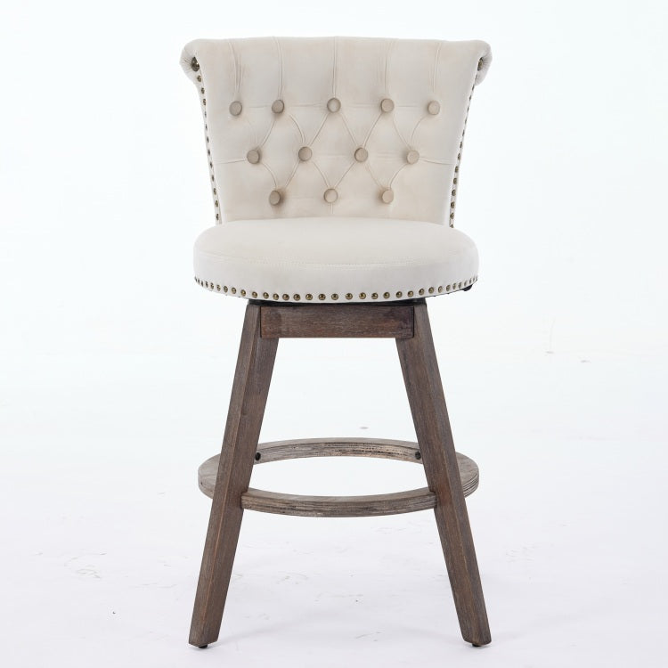 26" Counter Height Bar Stools Set Of 2, 360 Swivel Stools With Back & Hand Tufted Button Trimmed Edges, Upholstered Velvet Kitchen Counter Stools On Wood Legs,Beige,Sw1868Bg