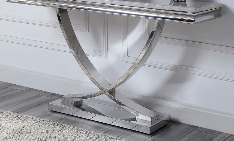 Glam Style Modern Sofa Table 1Pc Stainless Steel Pedestal Base 18Mm Faux Marble On Top Metal Structure Chroma Finish Coffee Table Not Included