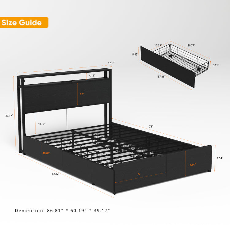 Full Bed Frame, Storage Headboard With Charging Station, Solid And Stable, Noise Free, No Box Spring Needed, Easy Assembly