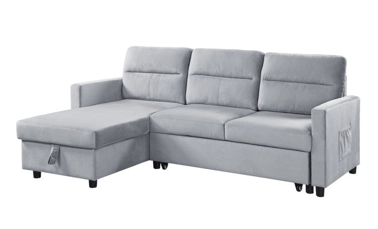 Iride 81.5"W Light Gray Velvet Reversible Sleeper Sectional Sofa With Storage Chaise And Side Pocket