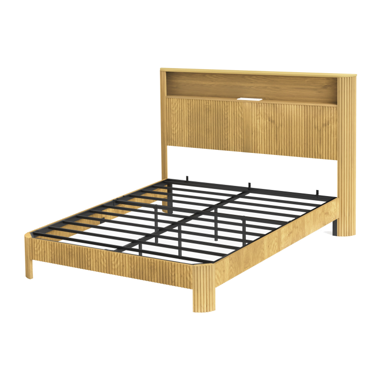 Queen Size Bed Frame With Storage Headboard, Built In Charging Station, Wavy Curved Lines Design, Silent Operation, Metal Support, Natural