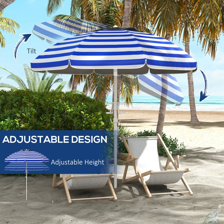 Outsunny 5.7' Portable Beach Umbrella With Tilt, Adjustable Height, 2 Cup Holders & Hooks, Uv 40 Ruffled Outdoor Umbrella With Vented Canopy, Blue White Stripe