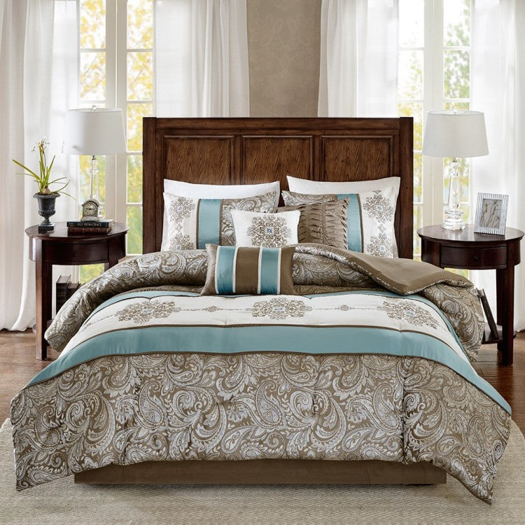 Jacquard 7 Piece Comforter Set Blue Queen