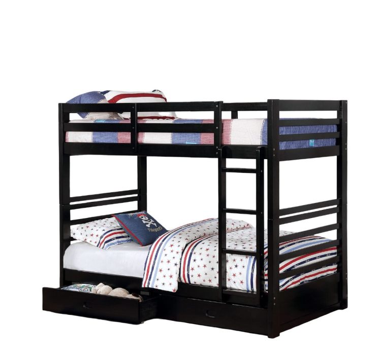 Classic Design Twin Over Twin Bunk Bed Transitional Style With Two Drawers Attached Ladder Black