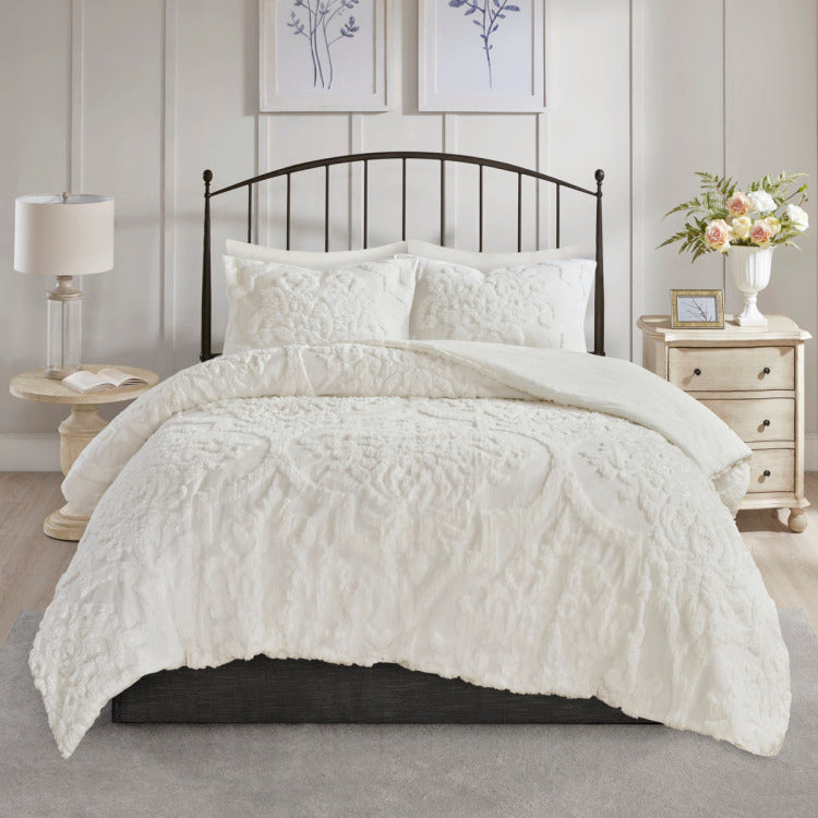 3 Piece Tufted Cotton Chenille Damask Comforter Set Off White Full Queen