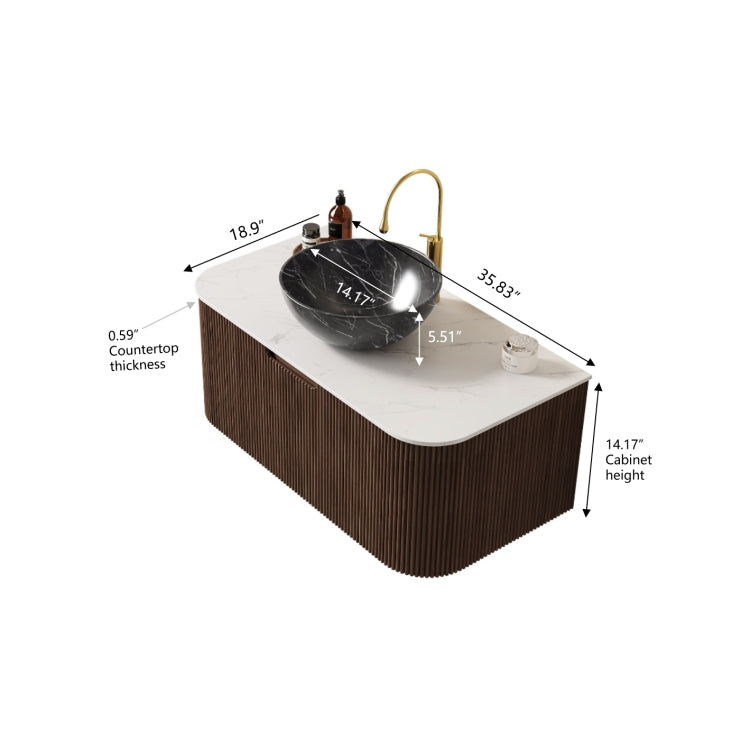 Dina 36" Bathroom Vanity With Sink, Wall Mounted Floating Curved Edges Striped Bathroom Storage Cabinet With Drawer, Black Bowl Ceramic Basin With Stone Pattern, Pre Assembled, Dark Walnut Color