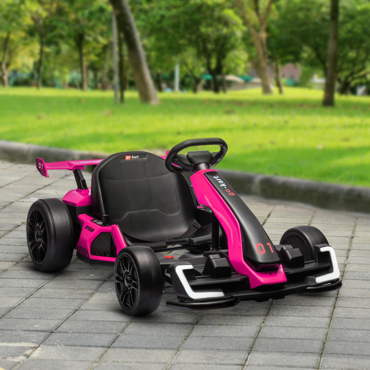 Aosom 24V 7.5 Mph Electric Go Kart With Adjustable Seat, Drifting Car Battery Powered Ride On Toy Outdoor With Slow Start, Button Start, Music, Honking Horn, Lights, For 6 12 Years Old, Pink