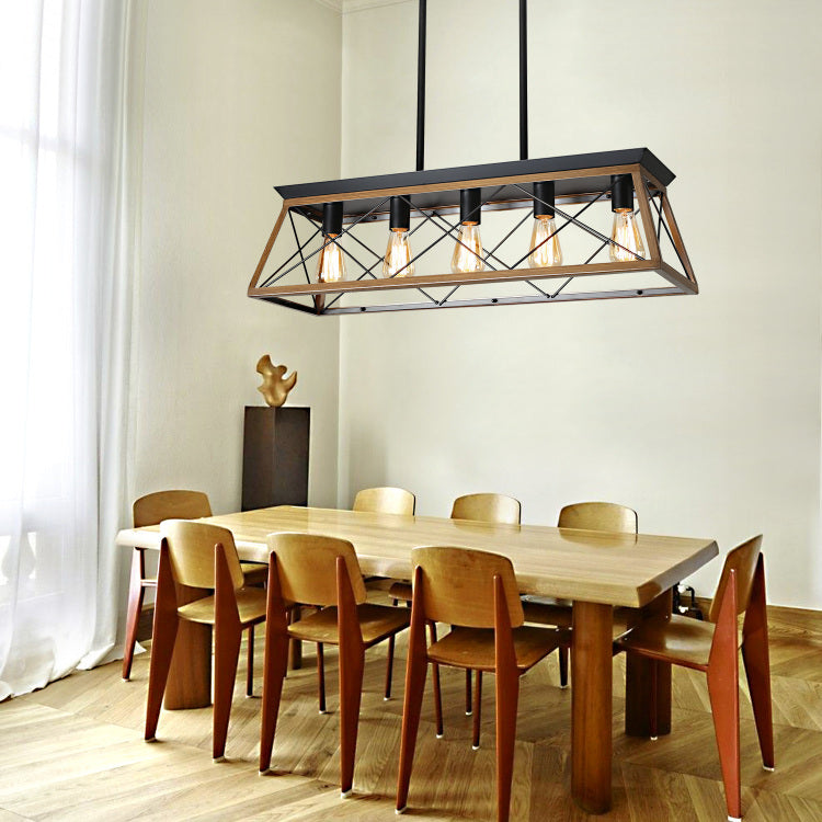 32" Walnut Industrial 5 Light Pendant Chandelier, Modern Metal Cage Design, Adjustable Hanging Light For Dining Room, Kitchen, Living Room No Bulbs