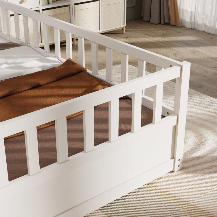 Twin Size Floor Bed, Integral Construction With Super High Security Barrier, Door, Children'S Floor Bed Frame, Montessori Wooden Children'S Floor Bed, White Patented Model