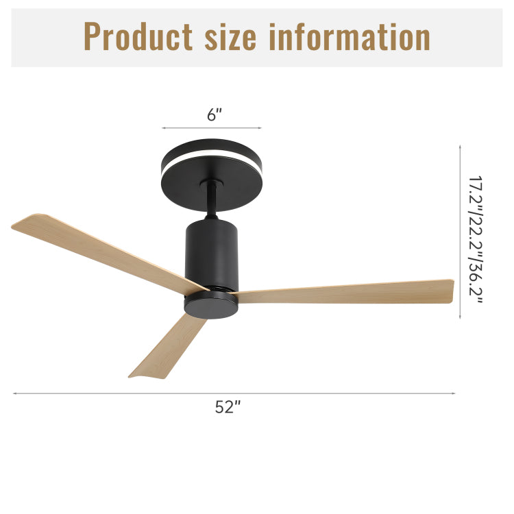 52 Inch Modern Flush Mount With Led Light And Remote Control, 3 Abs Blades Noiseless Reversible Dc Motor For Patio Living Room