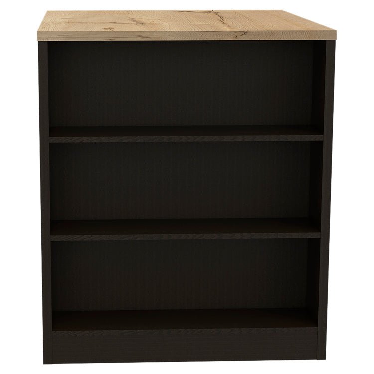 Kitchen Island Table, Two Legs, Three Side Shelves, Black Pine