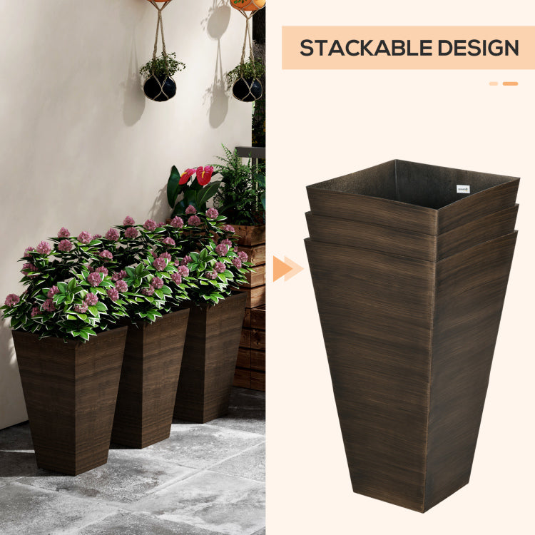 Outsunny 28" Tall Outdoor Planters, Set Of 3 Large Taper Planters With Drainage Holes And Plug, Faux Wood Plastic Flower Pots For Outdoor, Indoor, Garden, Patio, Brown