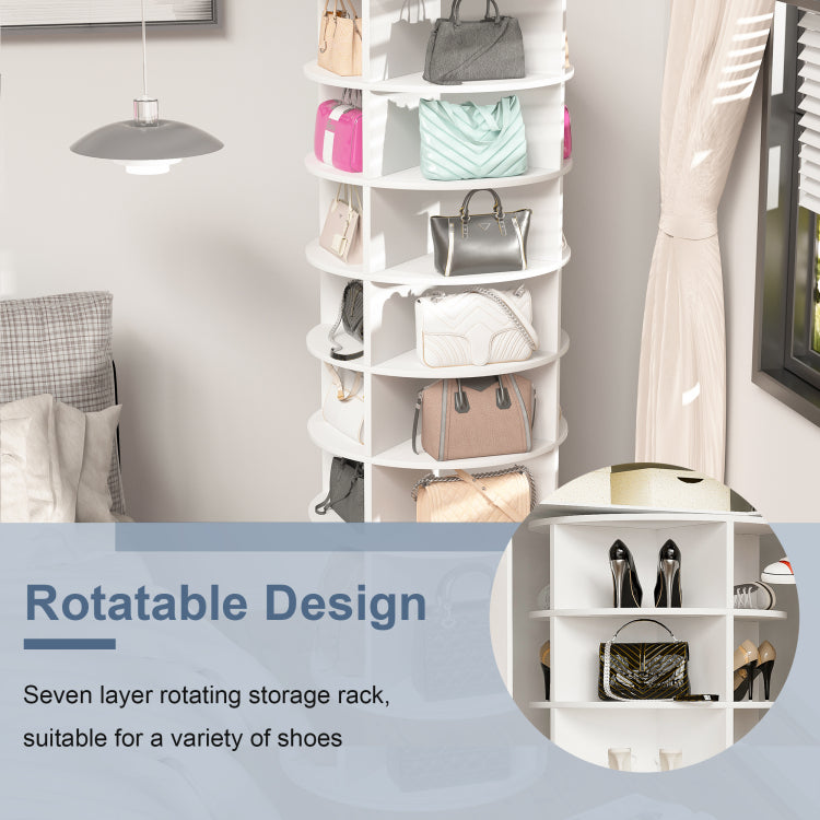 Rotating Shoe Rack Tower, 7 Tier Spinning Shoe Rack, Free Standing 360 Revolving Shoe Organizer, High Bottom Design Shoe Tower Spinning Storage Lazy Susany, Fits 28 Pairs Of Shoes 7 Tier White