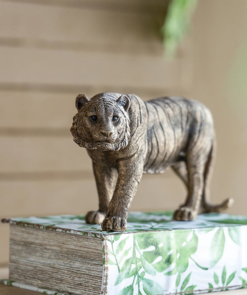 11.5X3.5X5.5" Tiger Statue Decor, Gleaming Coppery Finish