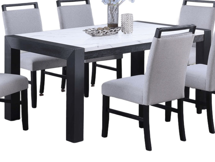 Elegant White Faux Marble Top 1Pc Table Charcoal Legs Wooden Dining Table Modern Sleek Two Tone Dining Table