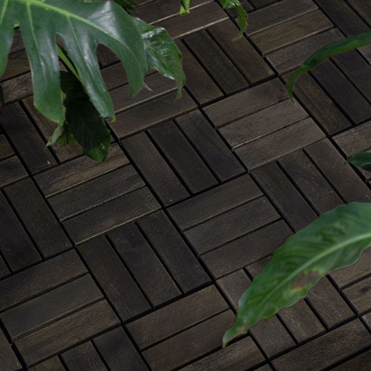 Acacia Wood Interlocking Deck Tiles Checker Pattern, 10Pcs 12" X 12" Square Dark Brown Acacia Hardwood Outdoor Flooring For Patio, Bancony, Pool Side