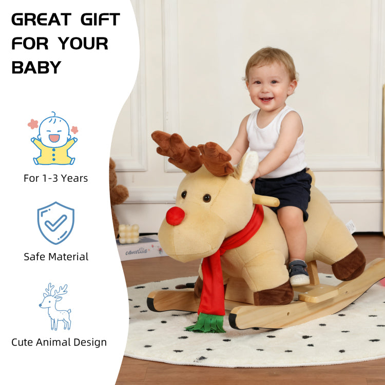 Kids Ride On Rocking Horse Toy With Jingle Bells,Moose Rocking Toy With Hand Puppets And Safety Belt For Children 1 3 Years,Soft Plush Fabric,Apricot,Cpc Certified