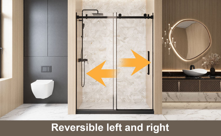 Frameless Single Sliding Shower Door 56 60 "W X 76" H, 1 4 " 6 Mm Clear Tempered Glass, Explosion Proof Film, Stainless Steel Handle Square Tube Track ,Matte Black