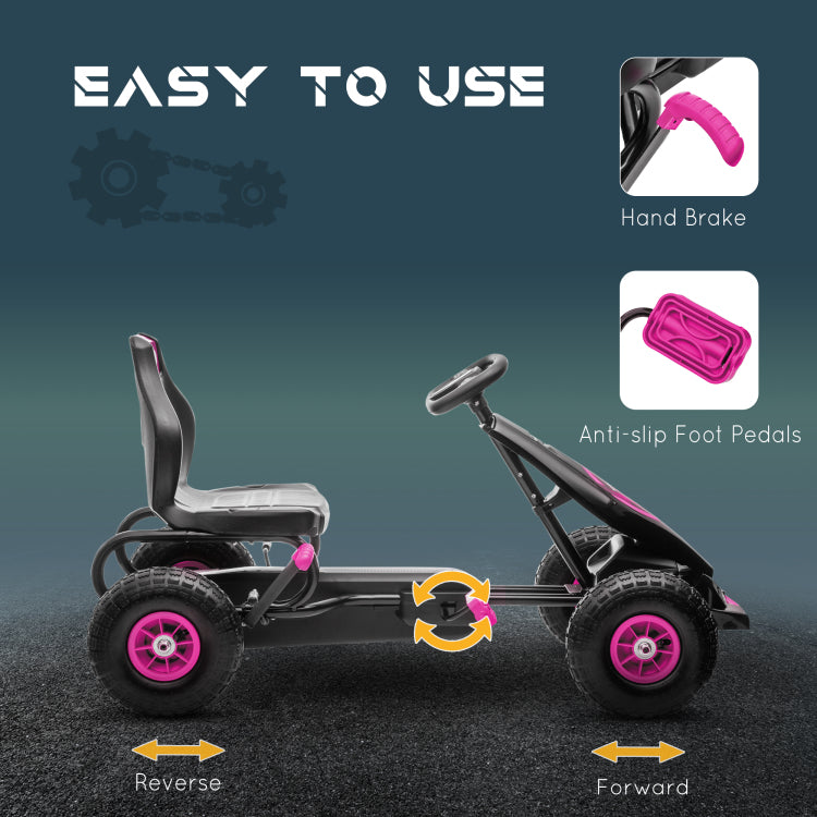 Aosom Kids Pedal Go Kart Ride On Toy With Ergonomic Comfort, Pedal Car With Tough, Wear Resistant Tread, Go Cart Kids Car For Boys & Girls With Suspension System, Safety Hand Brake, Ages 5 12, Pink