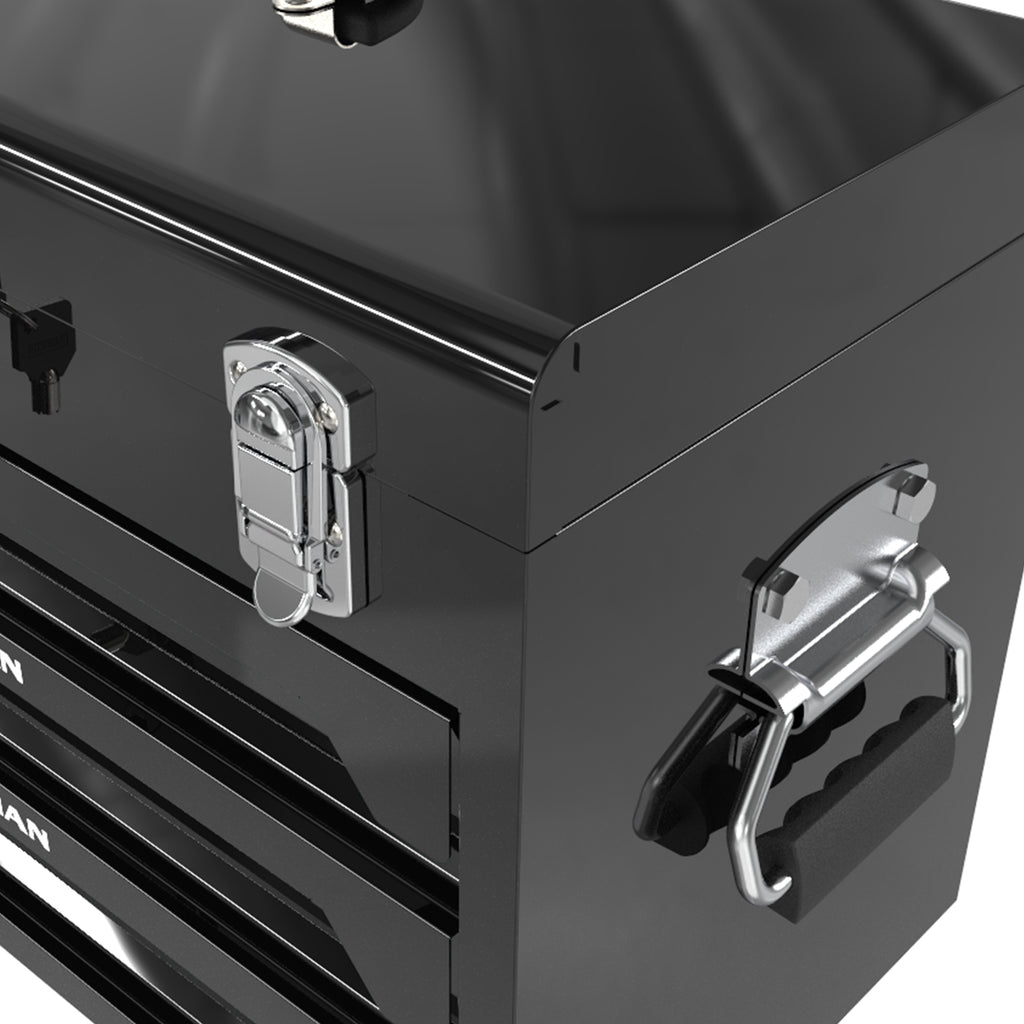20'' Portable 3 Drawer Steel Toolbox, 4 Layers Of Tools With Metal Latches, With Top Storage Tray And Carrying Handle, Multi Function Tool Storage For Garage, Home, Or Workbench,Black