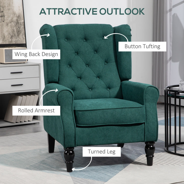 Homcom Button Tufted Accent Chair With High Wingback, Rounded Cushioned Armrests And Thick Padded Seat, Dark Green