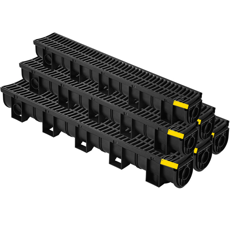 Trench Drain System, Channel Drain With Plastic Grate, 5.9X5.1 Inch Hdpe Drainage Trench, Black Plastic Garage Floor Drain, 6X39 Trench Drain Grate, With 6 End Caps, For Garden, Driveway 6 Pack
