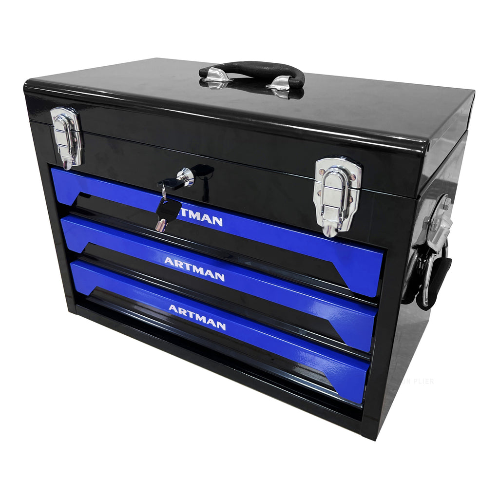 20'' Portable 3 Drawer Steel Toolbox, 4 Layers Of Tools With Metal Latches, With Top Storage Tray And Carrying Handle, Multi Function Tool Storage For Garage, Home, Or Workbench ,Black&Blue