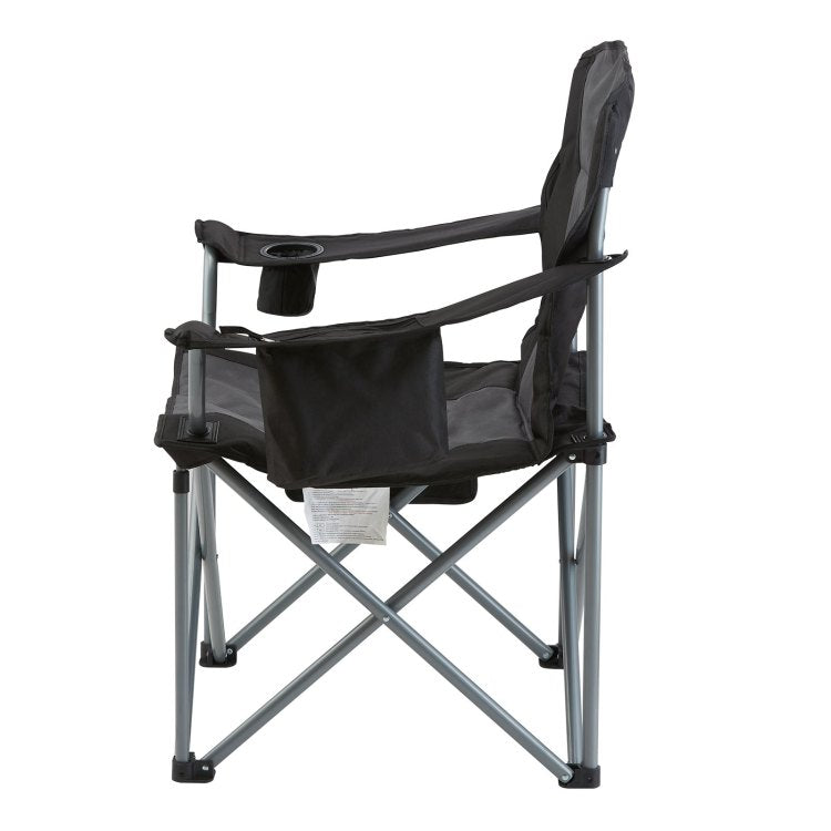 Camping Folding Chair For Adults, Portable Heavy Duty Outdoor Quad Lumbar Back Padded Arm Chairs With Side Pockets, Cup Holder And Cooler Bag For Beach, Lawn, Picnic, Fishing, Backpacking, Black