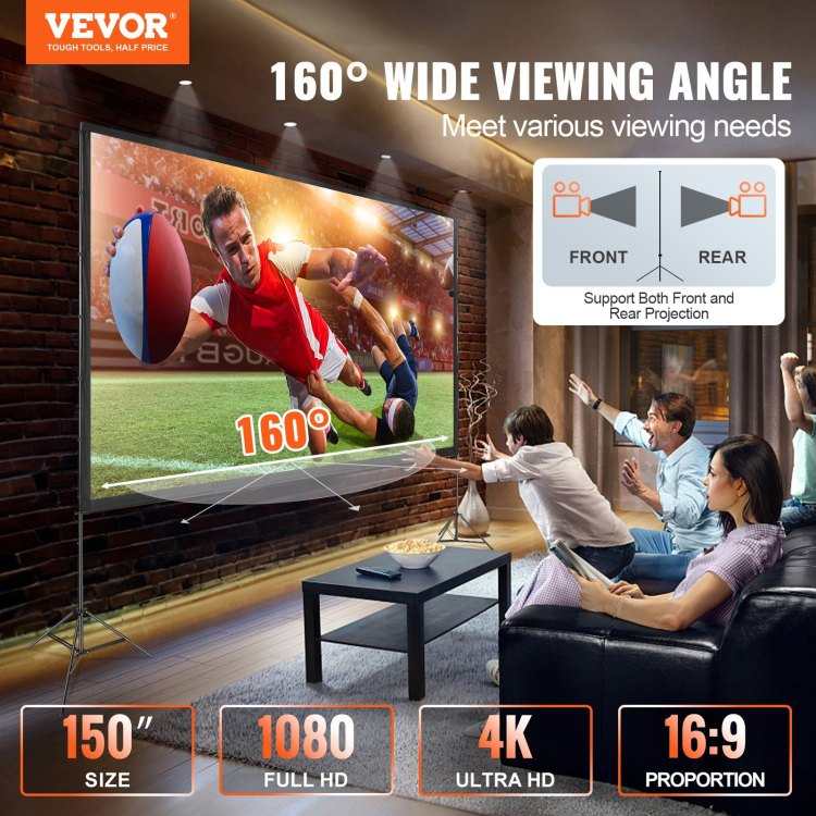 Projector Screen With Stand, 150 Inch 16:9 4K 1080 Hd Outdoor Movie Screen With Stand, Wrinkle Free Projection Screen With Tripods And Carry Bag, For Home Theater Cinema Backyard Movie Night