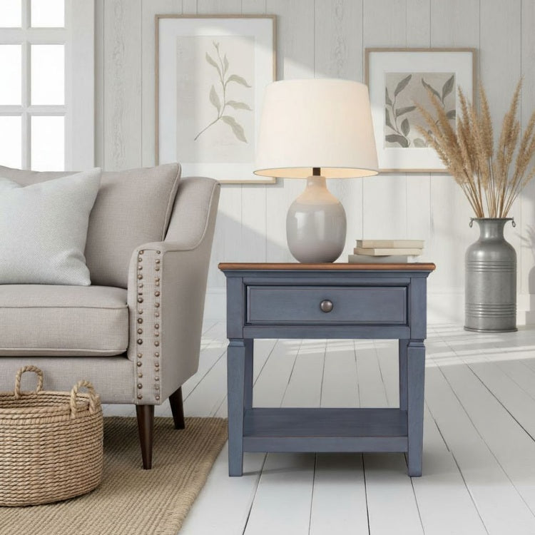 Americana 24 Inch End Table, Corduroy Blue Finish, Minimal Assembly Required
