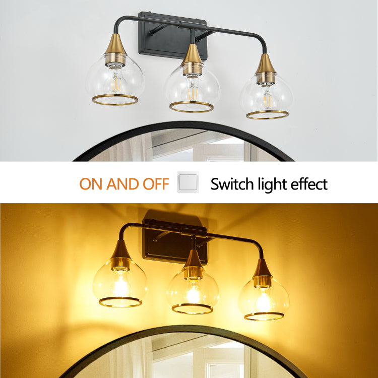 23" Modern 3 Light Vanity Wall Sconce Black And Gold Bathroom Light Fixture With Clear Glass Shades, Industrial Wall Mounted Lamp For Mirror, Vanity, And Living Spaces Bulb Not Included