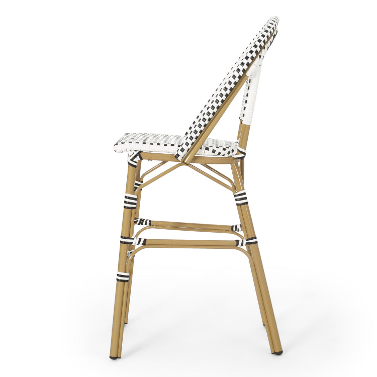 29.5" Outdoor Pe Rattan French Barstool, White And Black, Aluminum Frame With Bamboo Finish Set Of 2
