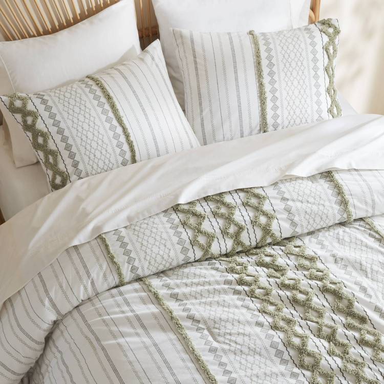 3 Pcs Full Queen Cotton Printed Comforter Set With Chenille Sage Ivory