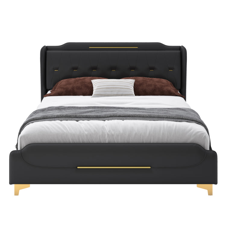 Modern Upholstered Bed Frame, Queen Size Platform Bed With Wingback Headboard, Pu Leather Upholstery, No Box Spring Needed, Noise Free, Easy Assembly, Heavy Duty Bed Frame For Bedroom,Black