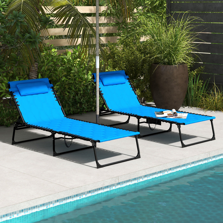 Outsunny Folding Chaise Lounge Set With 5 Level Reclining Back, Outdoor Lounge Tanning Chair With Padded Seat, Side Pocket & Headrest For Beach, Yard, Patio, Blue