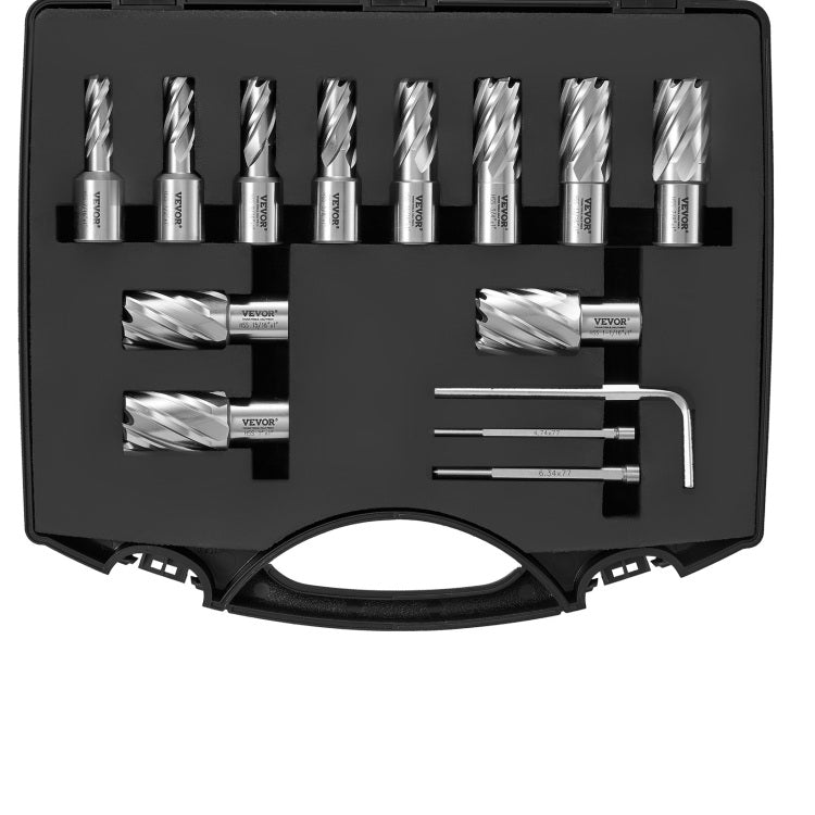Annular Cutter Set, 13 Pcs Weldon Shank Mag Drill Bits, 7 16" To 1 1 16" Cutting Diameter, 1" Cutting Depth, M2Al Hss, 2 Pilot Pins, Hex Wrench And Portable Case, For Using With Magnetic Drills
