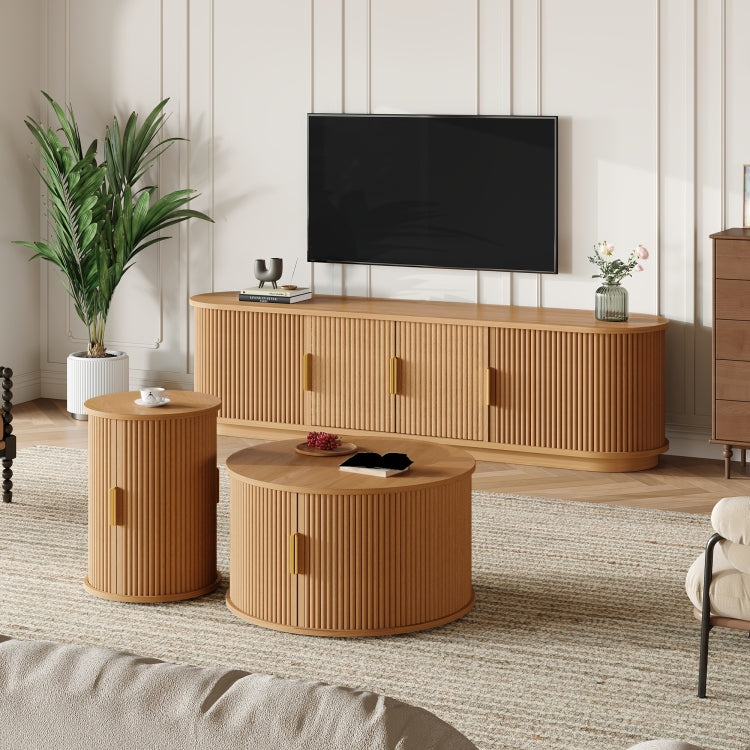 Assembly Video Wooden Tv Stand & Coffee Table Set With Fluted Sliding Door For Tvs Up To 75", Golden Handles Media Console With Cable Hole, Farmhouse Round Center Table For Living Room, Natural