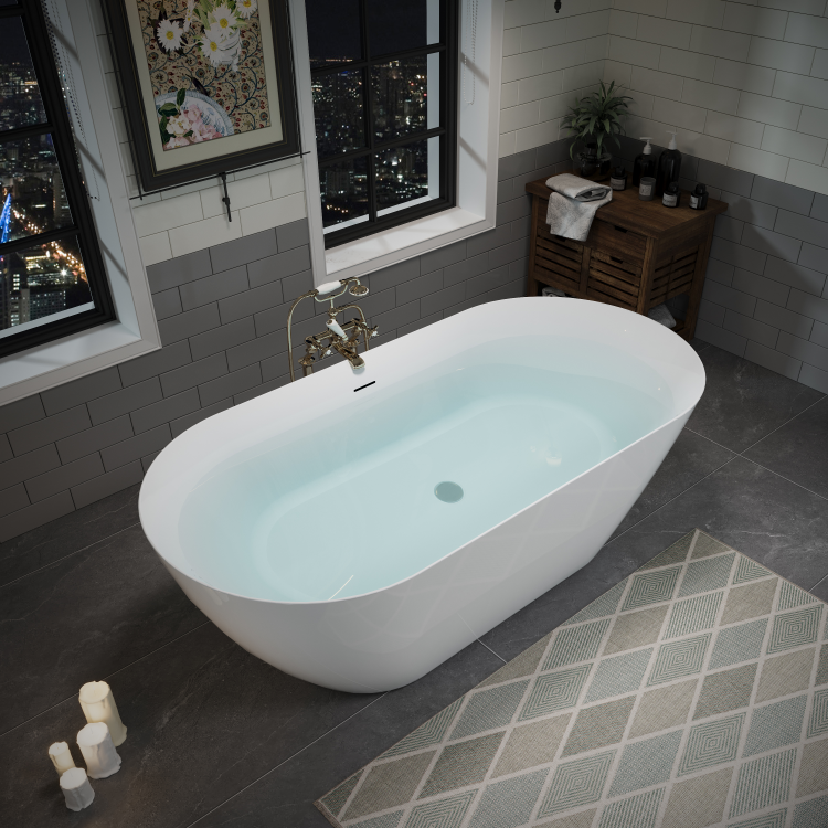 63" Acrylic Freestanding Bathtub, Oval Deep Soaking Bathtub With Center Pop Up Drain & Integrated Overflow, Contemporary Stand Alone Bath Tub For Bathroom Spa Or Home Upgrade, Glossy White Th 26A09