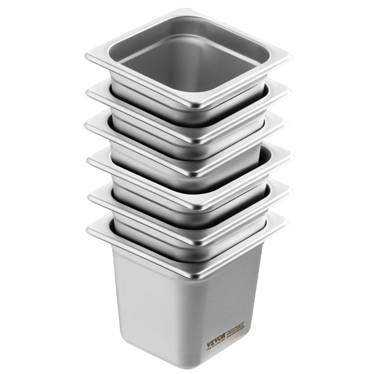 6 Pack Hotel Pans, 1 6 Size Anti Jam Steam Pan, 0.8Mm Thick Stainless Steel Restaurant Steam Table Pan, 6 Inch Deep Commercial Table Pan, Catering Storage Food Pan, For Industrial & Scientific