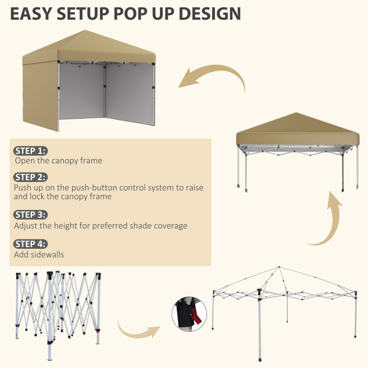 Outsunny 10' X 10' Pop Up Canopy Tent With 3 Sidewalls, Leg Weight Bags And Carry Bag, Height Adjustable, Instant Party Tent Event Shelter Gazebo For Garden, Patio, Beige